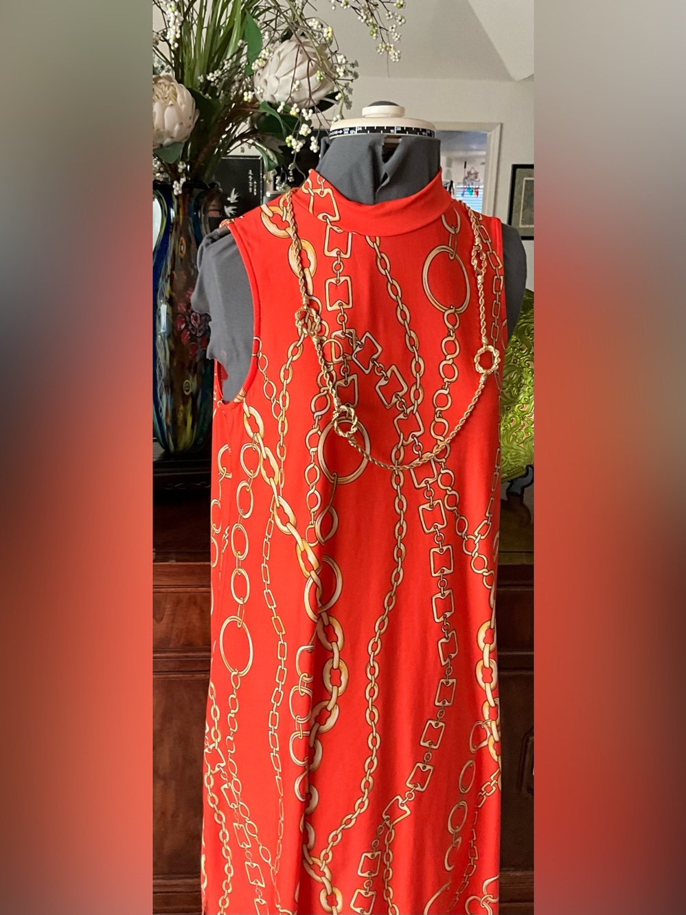 Chain-Print Sleeveless Mock Neck Dress